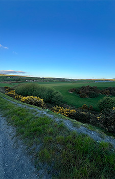 Golwg bell o'r caeau gwyr hardd ar awyr yn las